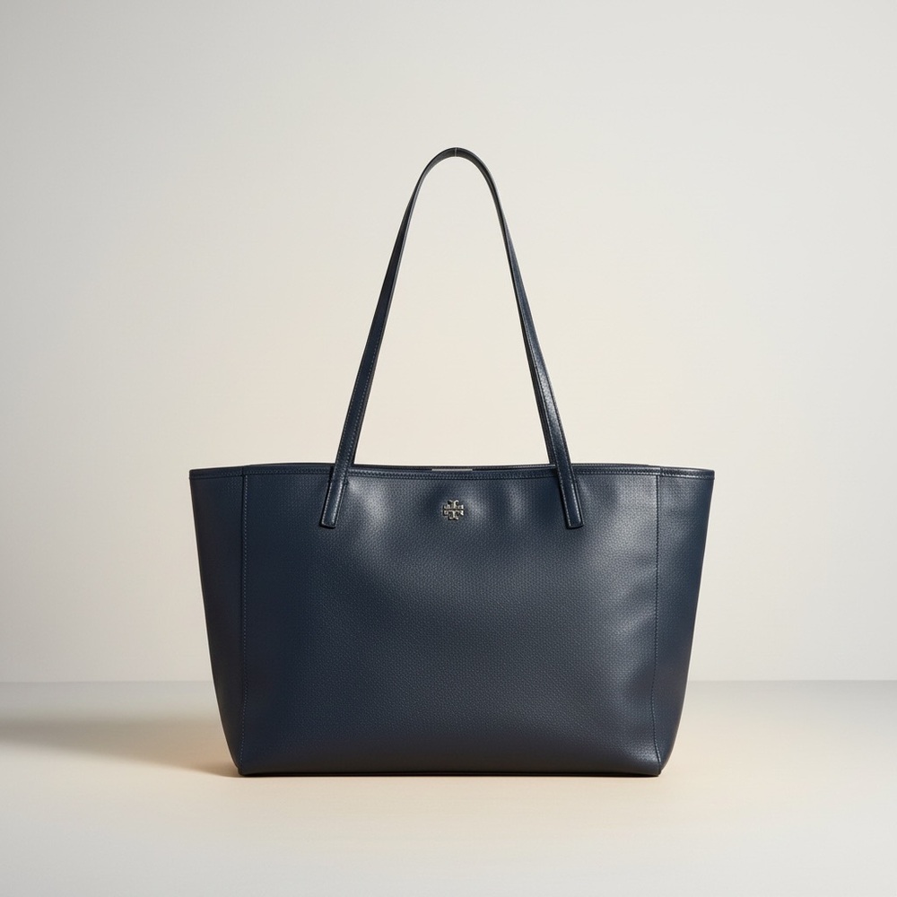 ✨ Tory Burch Navy Saffiano Leather Tote Work Laptop Bag Gold Logo - Picture 13 of 14